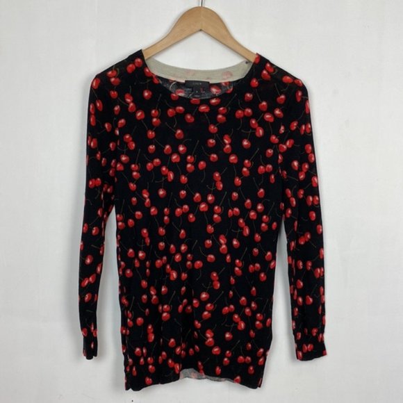 J.Crew S Cherry Print Tippi Sweater Black & Red 100% Merino Wool - Picture 2 of 12